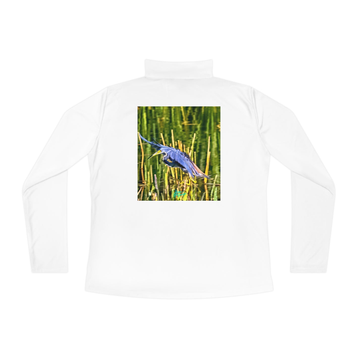 Stay Cozy in Style with Women's Blue Heron in Flight Long Sleeve Quarter Zip Pullover - A Wardrobe Essential