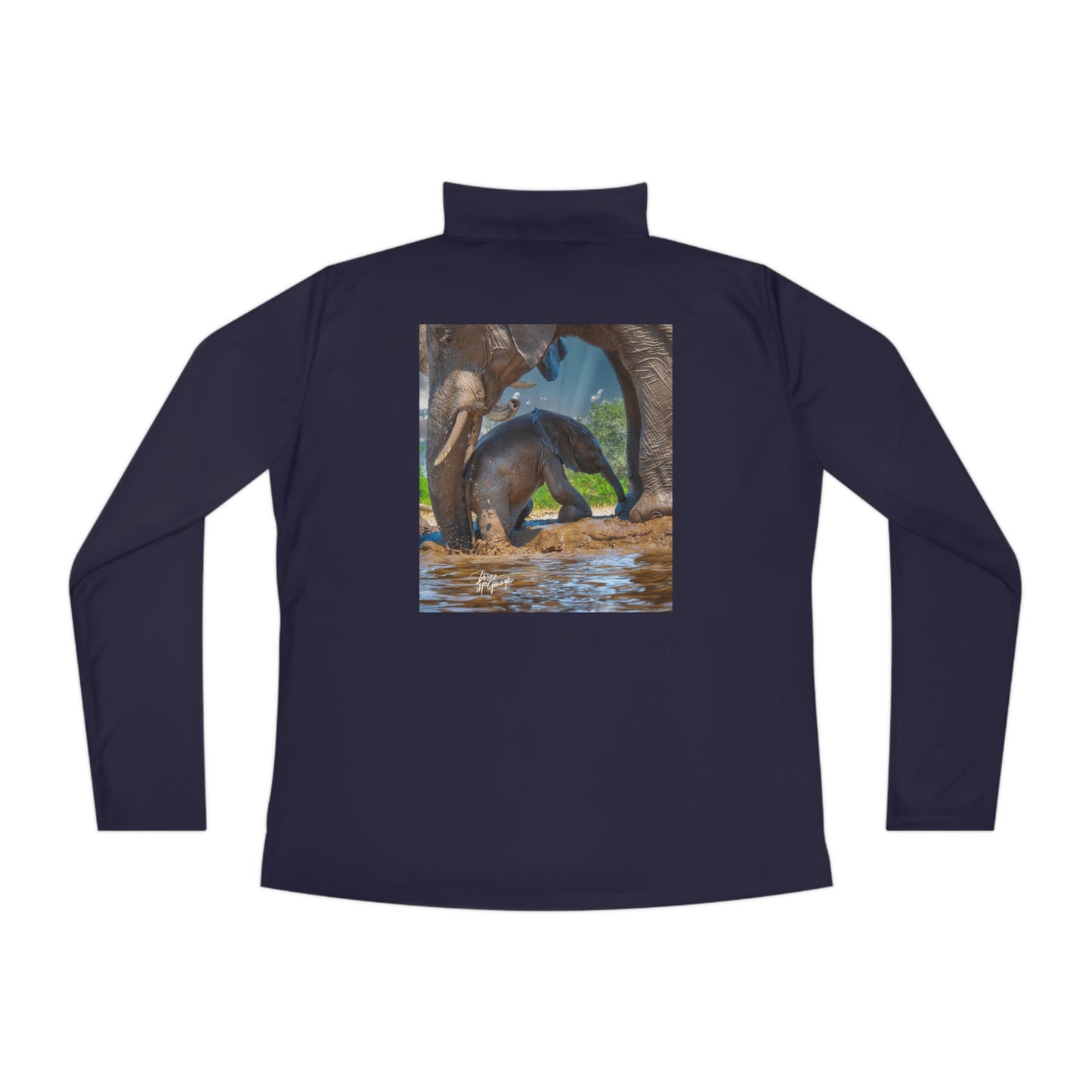 Ladies Quarter-Zip Pullover with Fine Art Image of Elephant Baby with Mom's Gentle Touch by Enjoy Nature