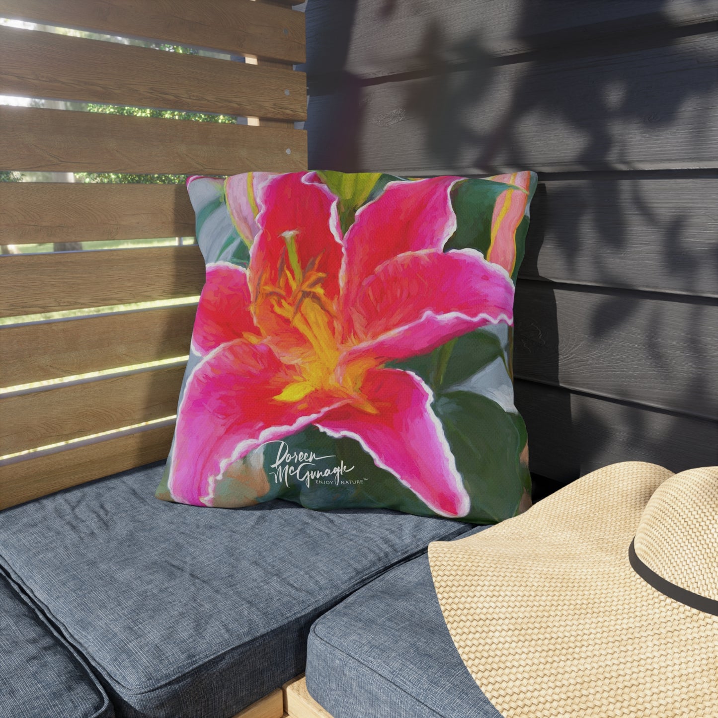 Enjoy Nature Outdoor Pillow with Pink Lily – Artistic, Comfy, and Durable Decorative Accent