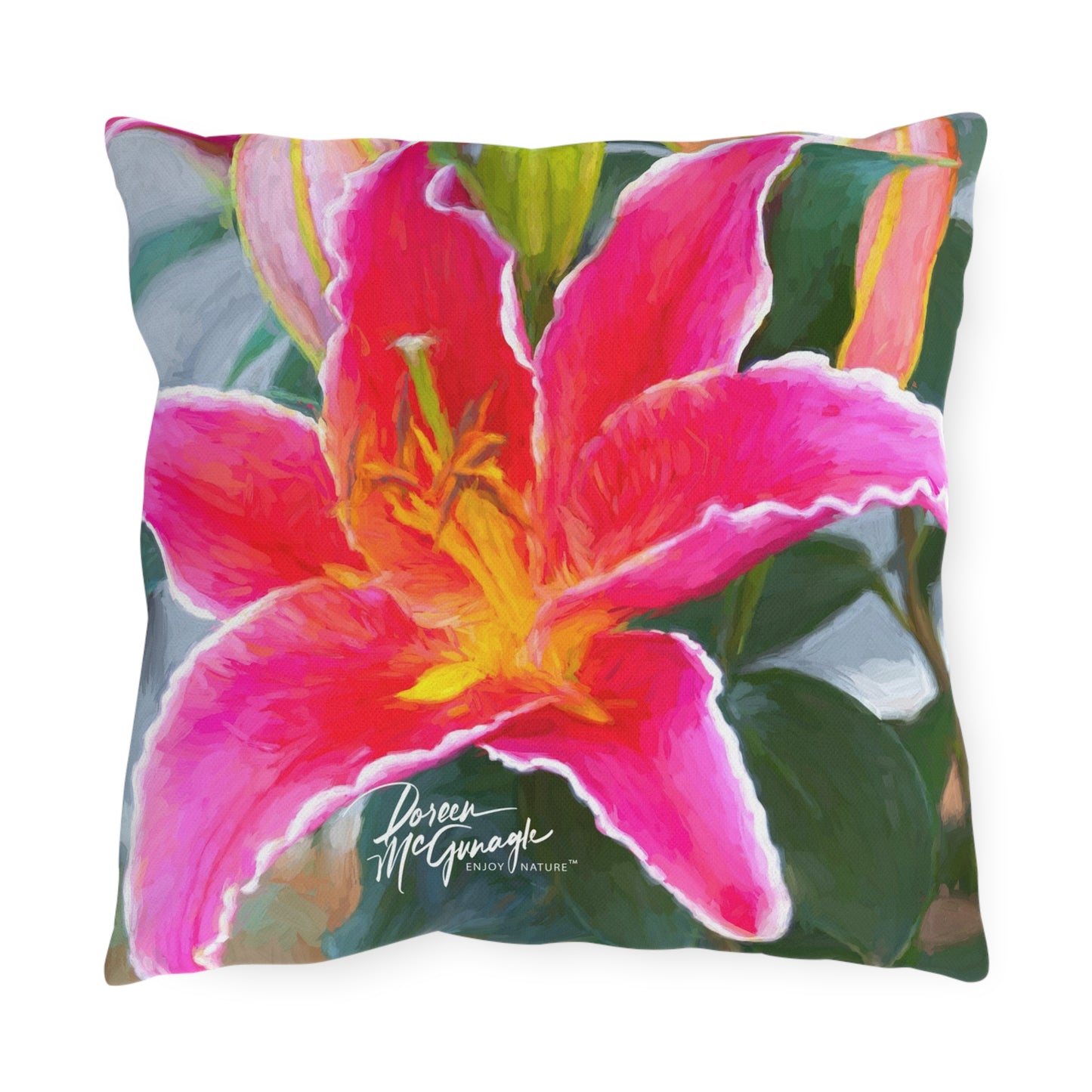 Enjoy Nature Outdoor Pillow with Pink Lily – Artistic, Comfy, and Durable Decorative Accent