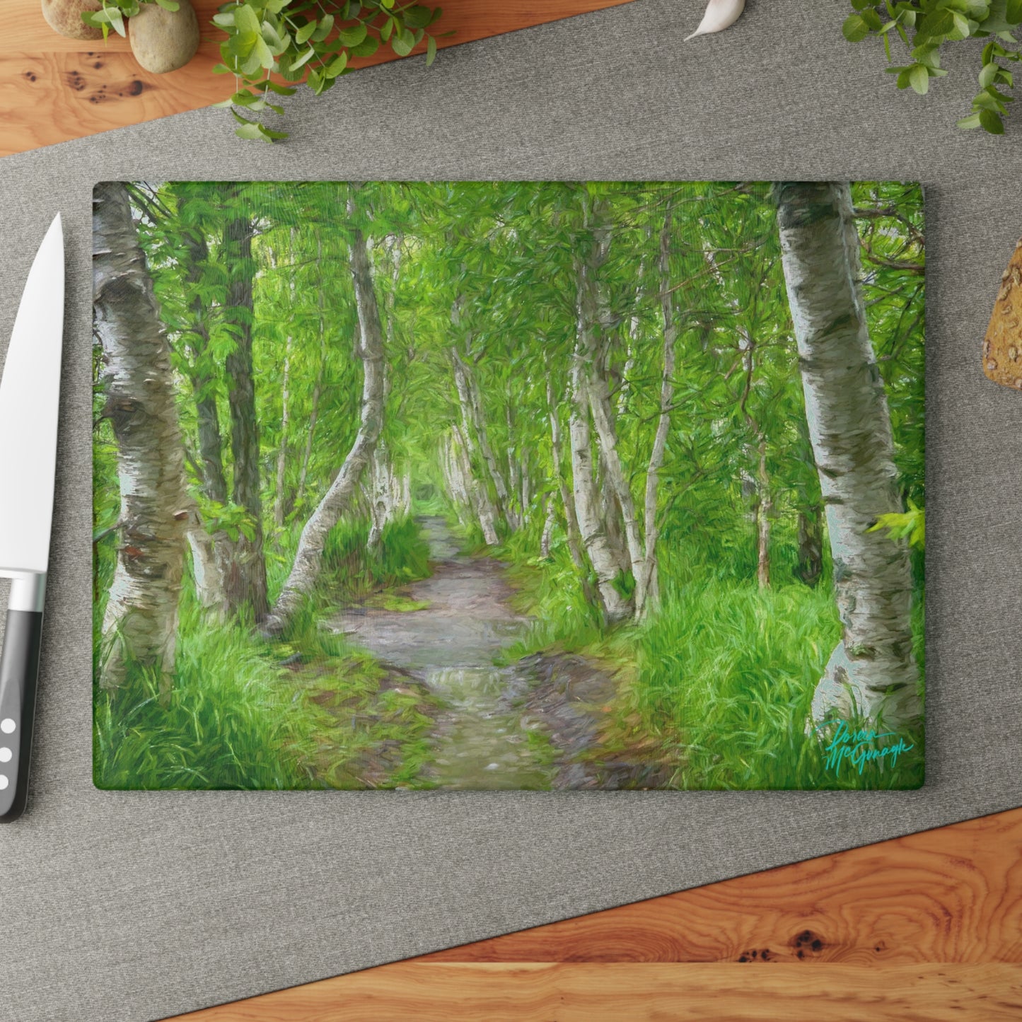 Artistic Magical Birch Forest Glass Cutting Board with Nature-Inspired Design