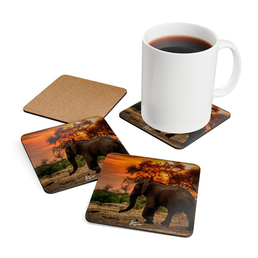 Elephant Silhouette at Sunrise Corkwood Coaster Set (Box of 4)