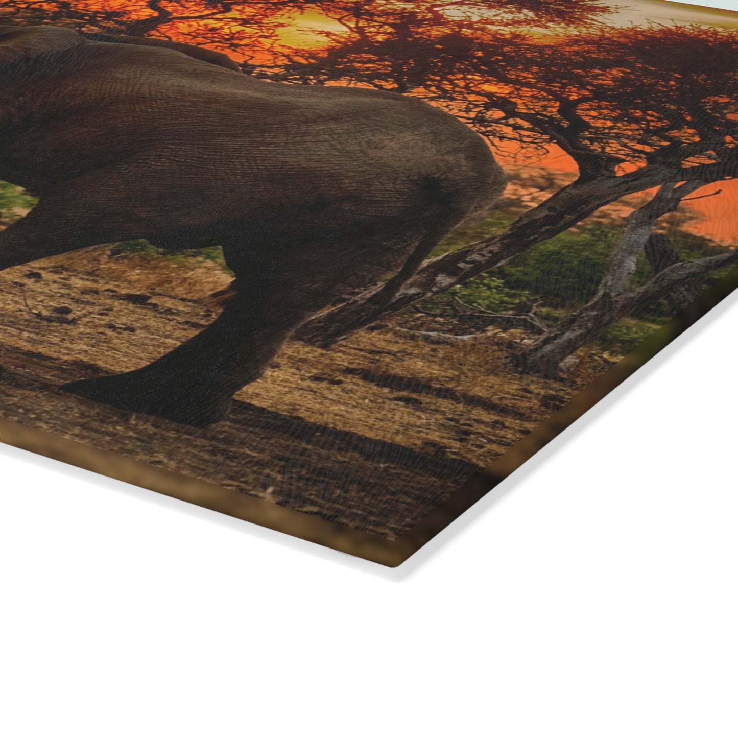 Enjoy Nature Glass Charcuterie Cutting Board with Spirited Elephant at Sunset Design