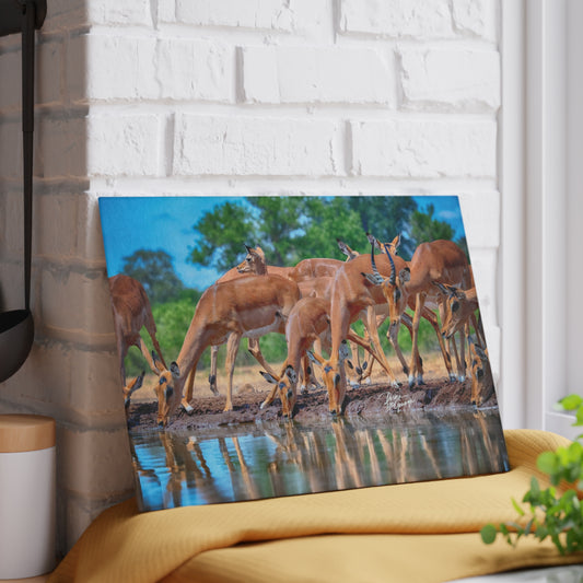 Enjoy Nature Glass Charcuterie Cutting Board with African Antelope at Watering Hole Design