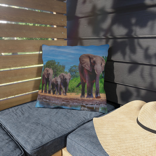 Enjoy Nature Outdoor Pillow with Elephant Family at Watering Hole – Artistic, Comfy, and Durable Decorative Accent