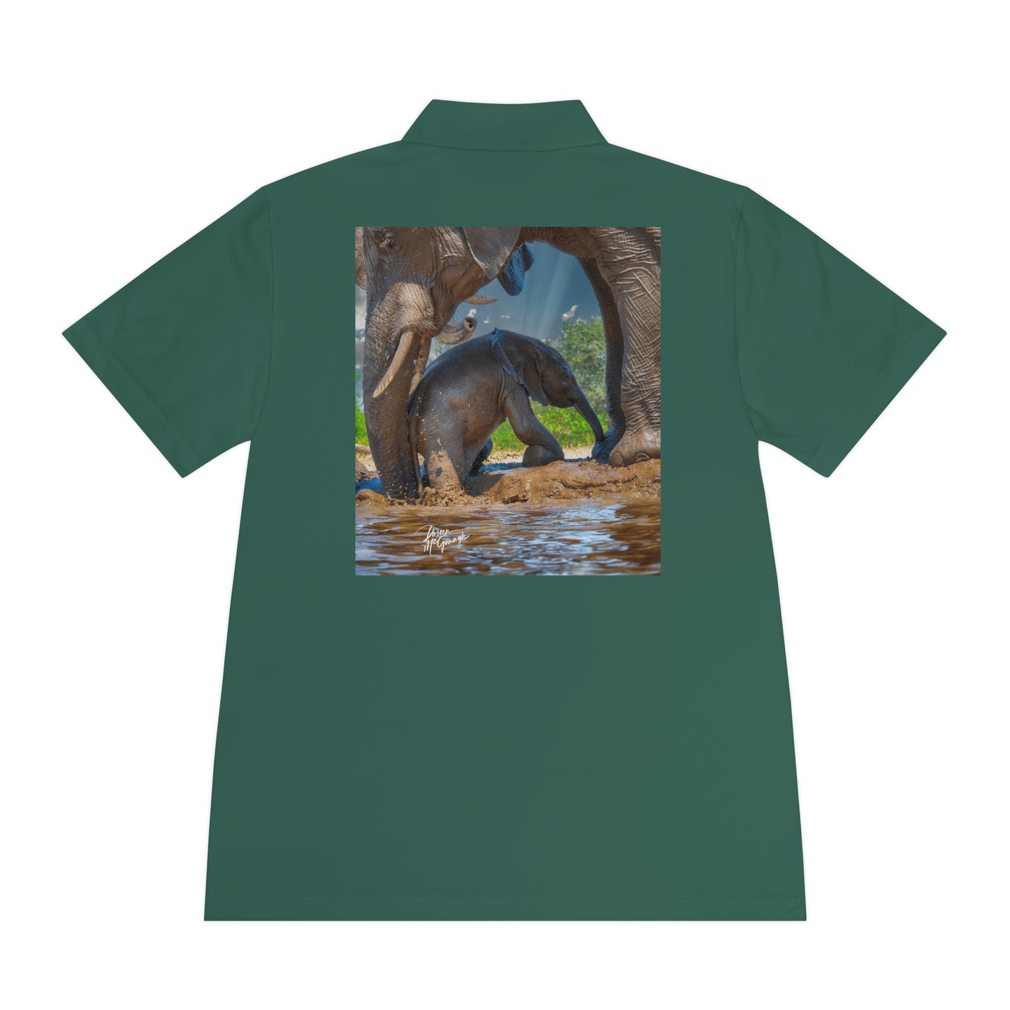 Men's Performance Polo Shirt - Baby Elephant with Mom by Enjoy Nature