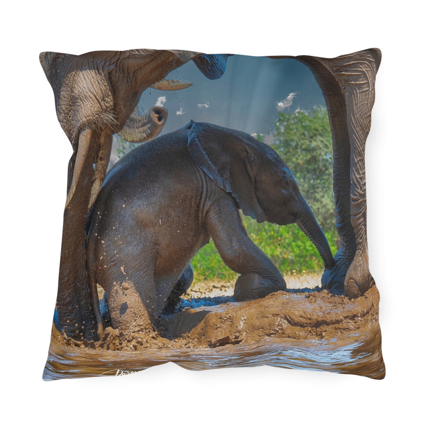 Enjoy Nature Outdoor Pillow with Elephant Baby with Protective Mom – Artistic, Comfy, and Durable Decorative Accent