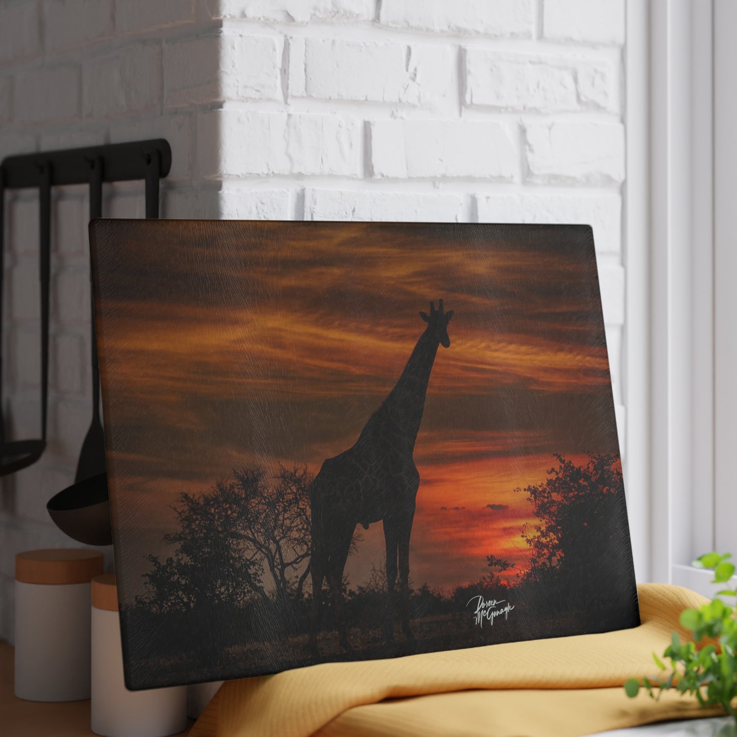 Enjoy Nature Glass Charcuterie Cutting Board with Giraffe Silhouette Design