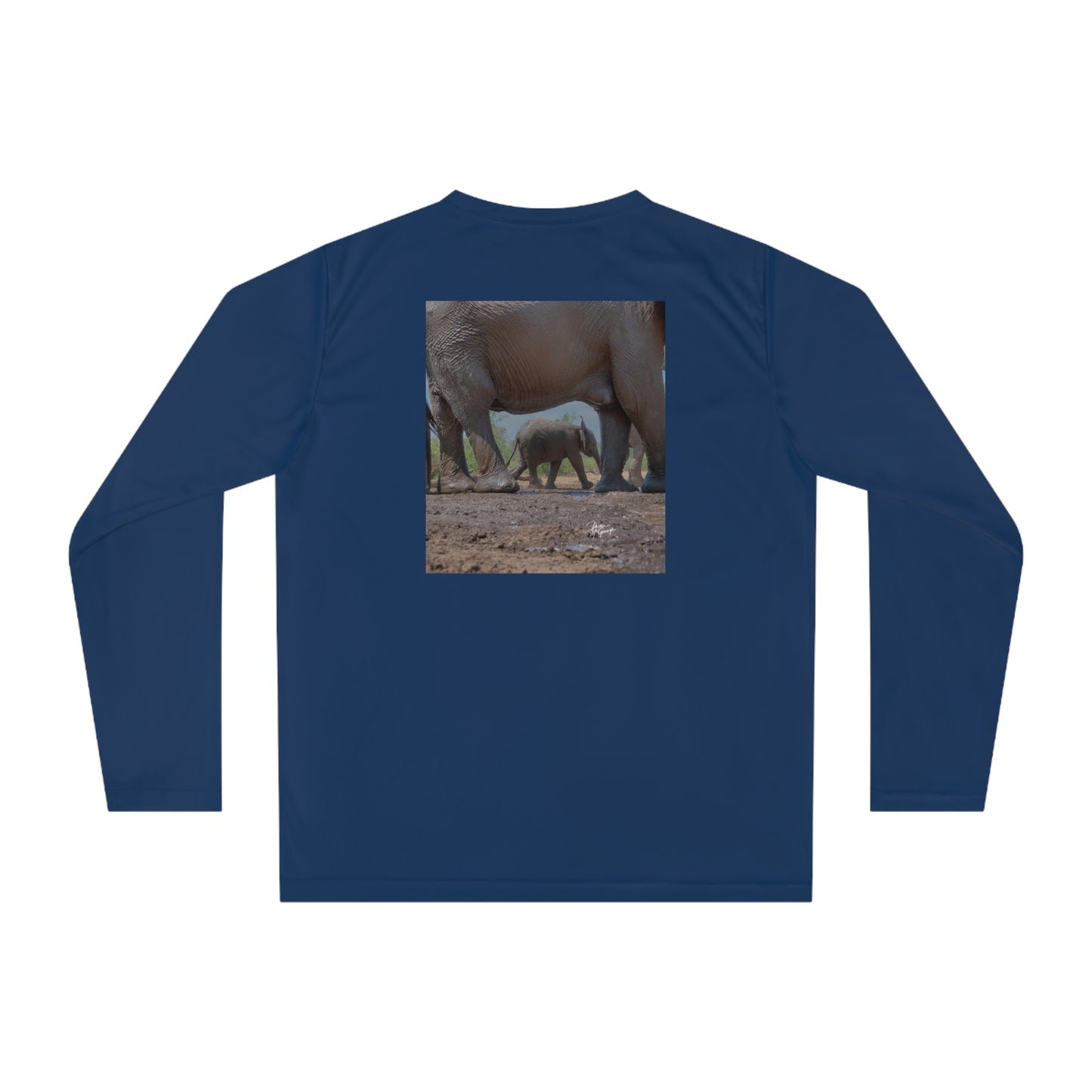 Unisex Long Sleeve Performance Tee - "Elephant Baby Under Mom's Watchful Eye" by Enjoy Nature