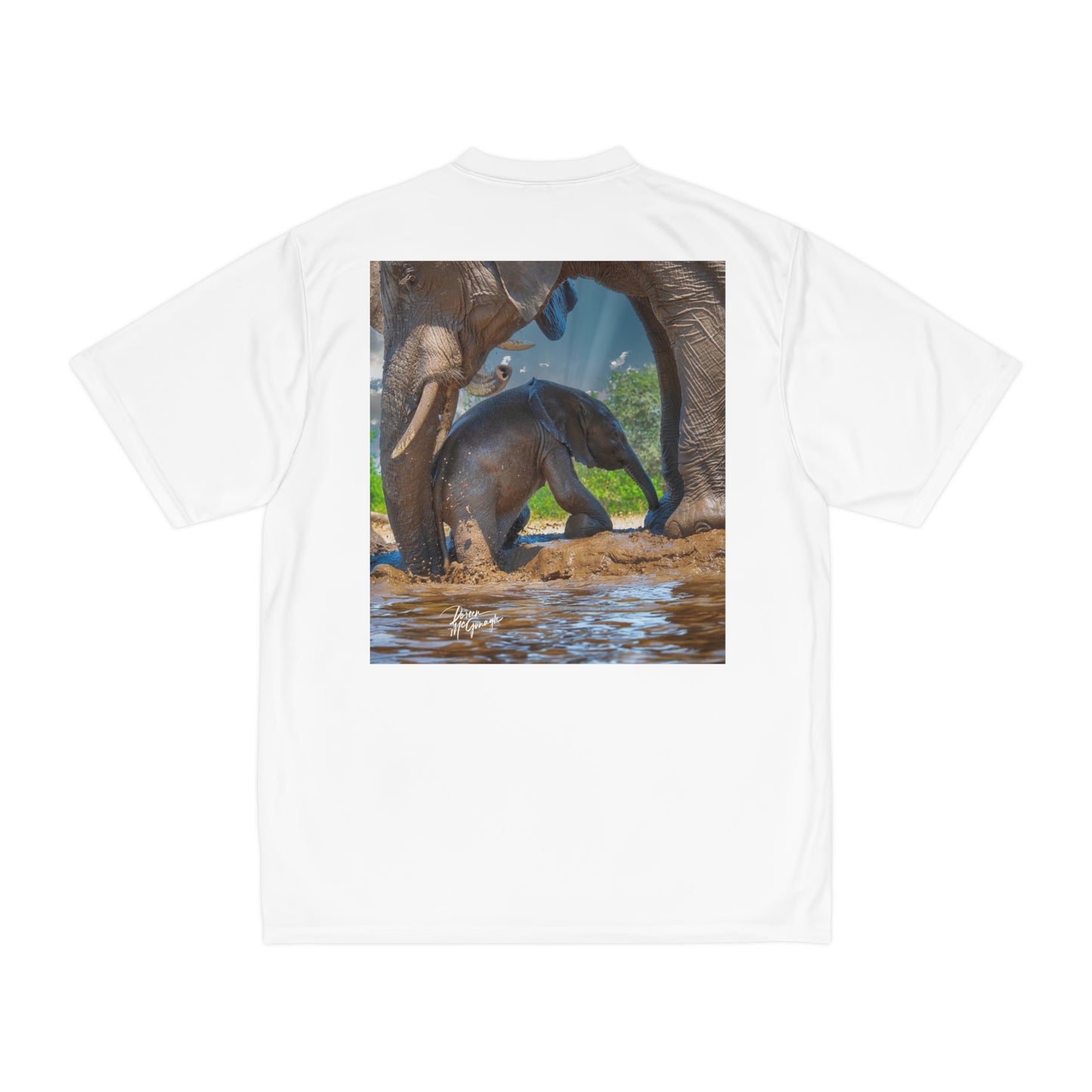 Men's Performance T-Shirt with Fine Art Image of Elephant Baby with Mom's Gentle Touch by Enjoy Nature