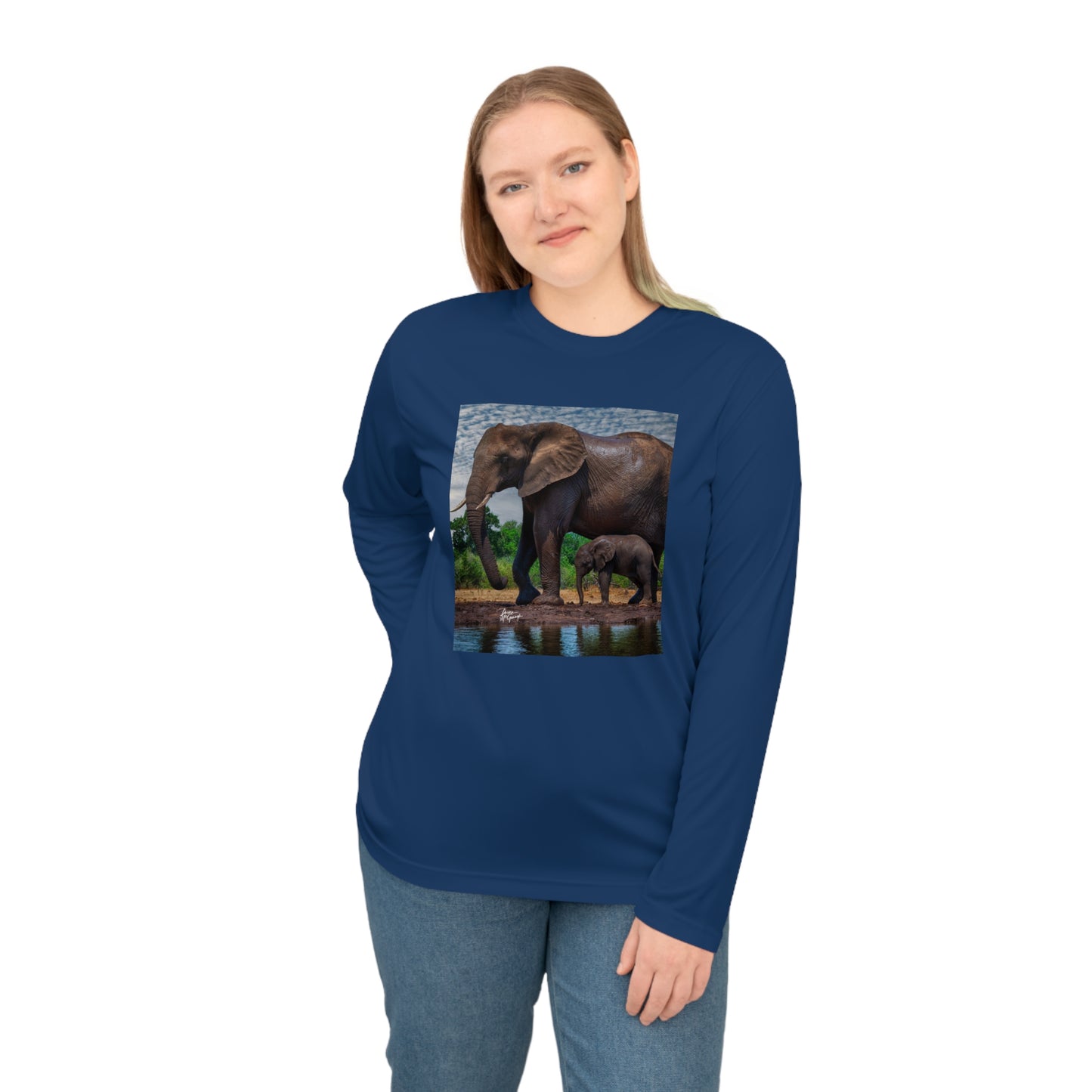 Unisex Long Sleeve Performance Tee - "Elephant Baby with Mom" by Enjoy Nature