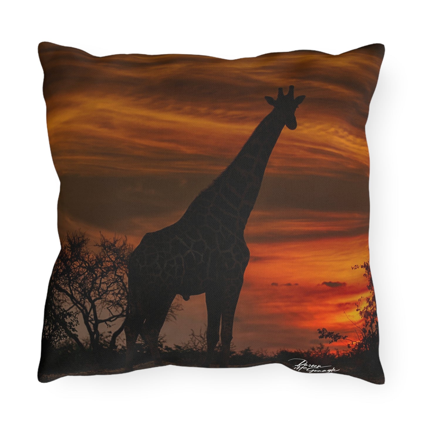 Enjoy Nature Outdoor Pillow with Giraffe Silhouette at Sunset – Artistic, Comfy, and Durable Decorative Accent