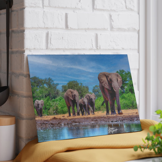 Enjoy Nature Glass Charcuterie Cutting Board with Elephant Family at Watering Hole Design