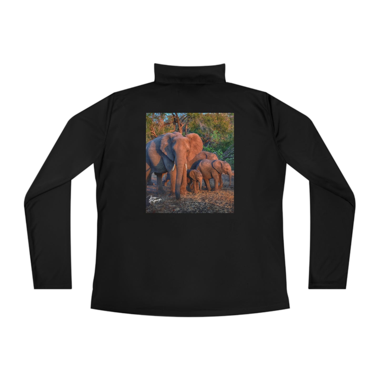 Ladies Quarter-Zip Pullover with Fine Art Image of Elephant Family by Enjoy Nature