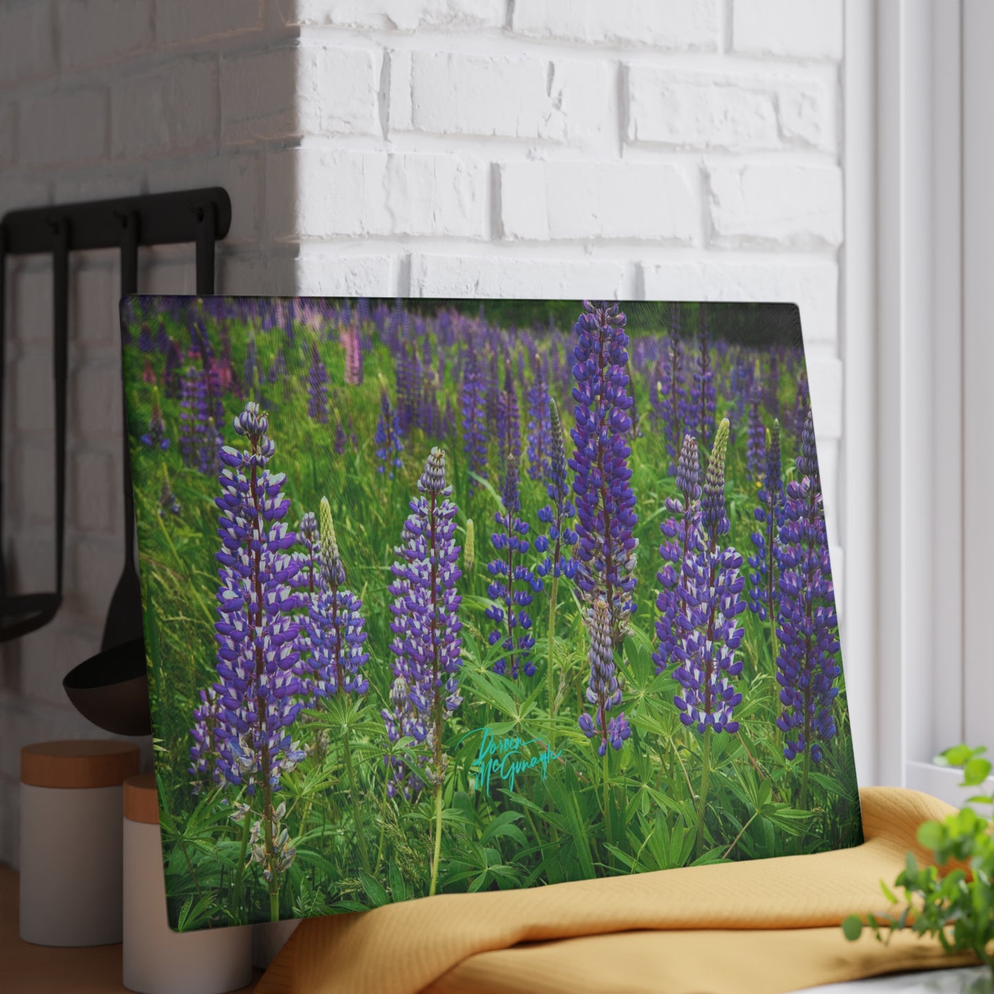 Artistic Wild Lupine Flowers Glass Cutting Board with Nature-Inspired Design