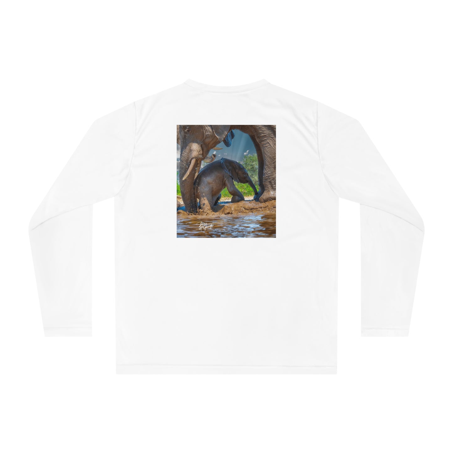 Unisex Long Sleeve Performance Tee - "Elephant Baby with Mom's Gentle Touch" by Enjoy Nature