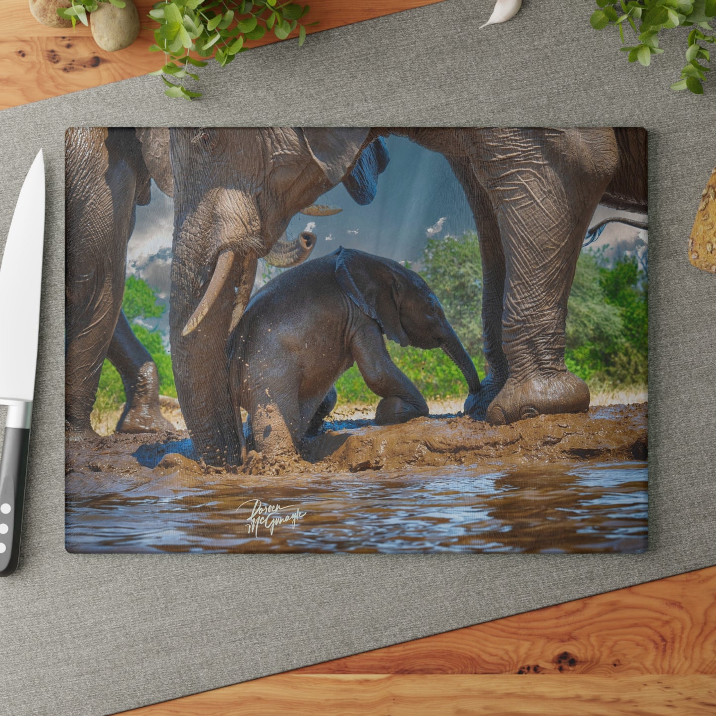 Enjoy Nature Glass Charcuterie Cutting Board with Elephant Baby Protected by Mom Design