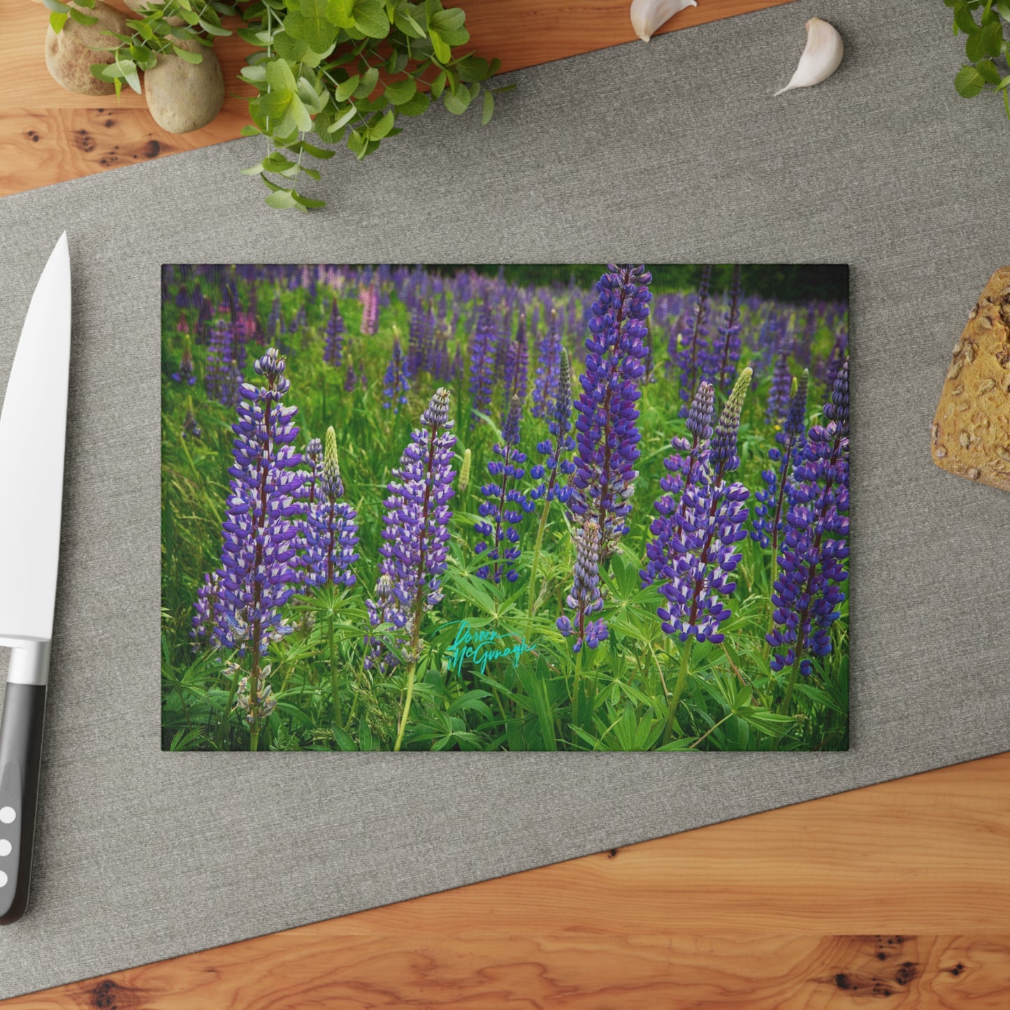 Artistic Wild Lupine Flowers Glass Cutting Board with Nature-Inspired Design