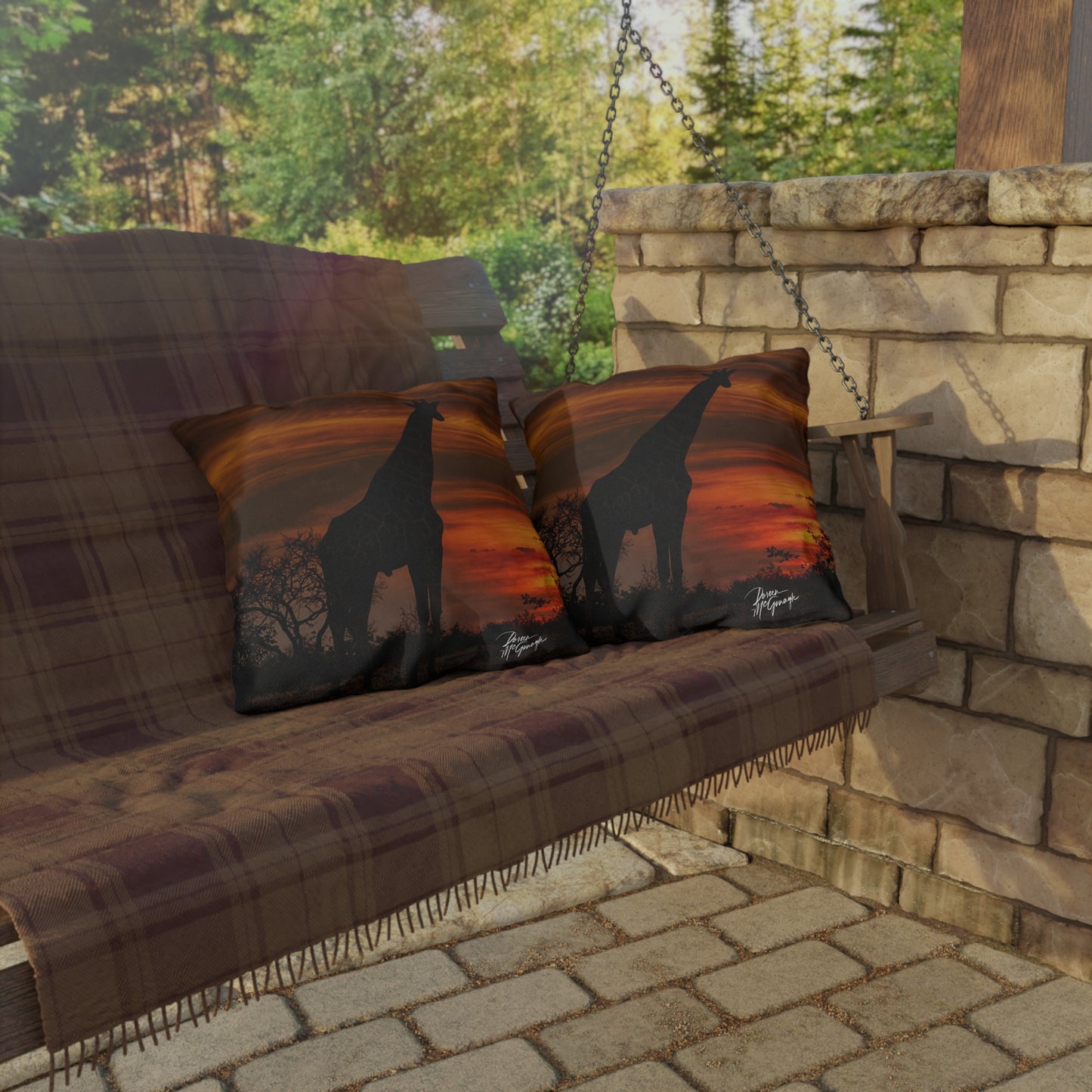 Enjoy Nature Outdoor Pillow with Giraffe Silhouette at Sunset – Artistic, Comfy, and Durable Decorative Accent