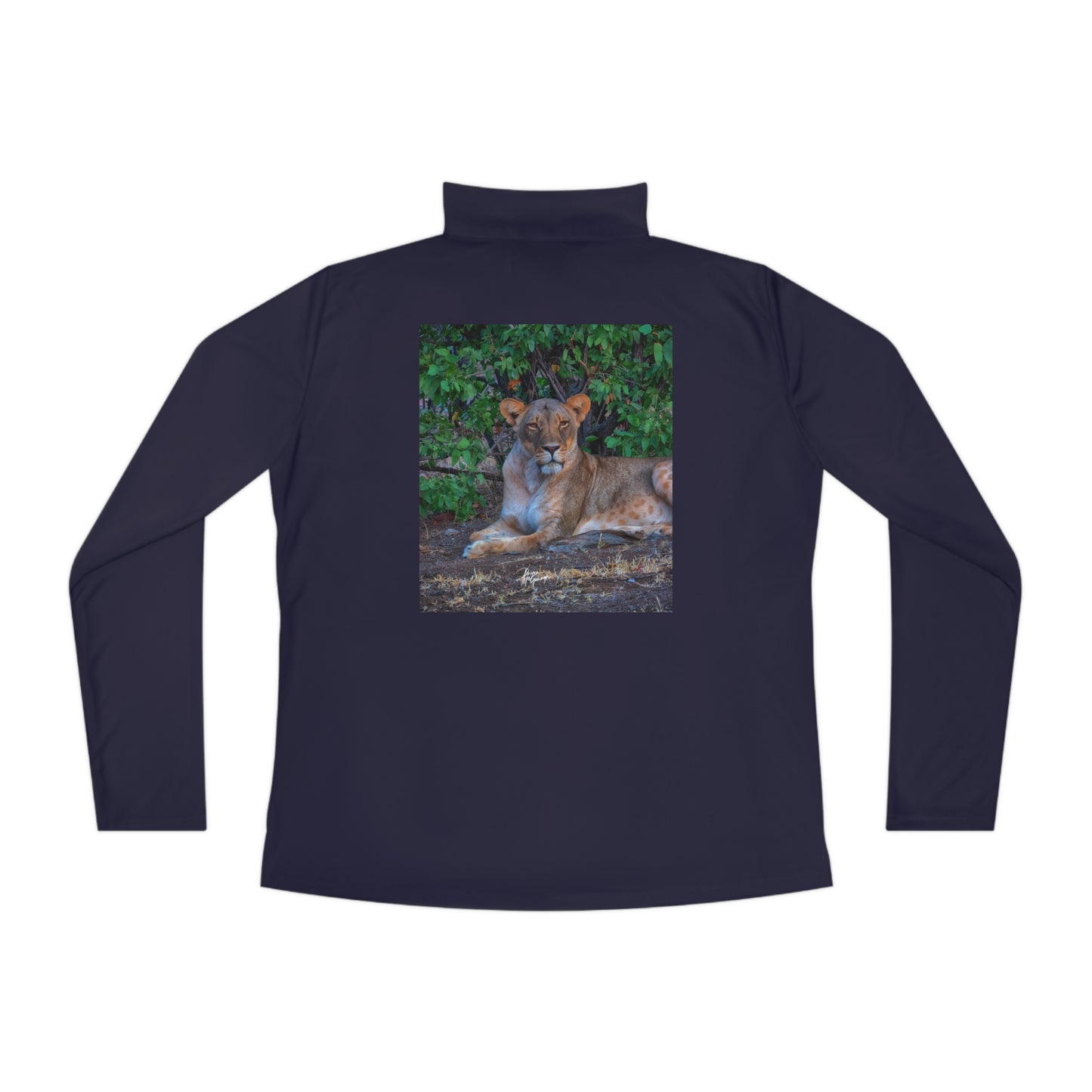 Ladies Quarter-Zip Pullover with Fine Art Image of Dreaming About a Lioness by Enjoy Nature