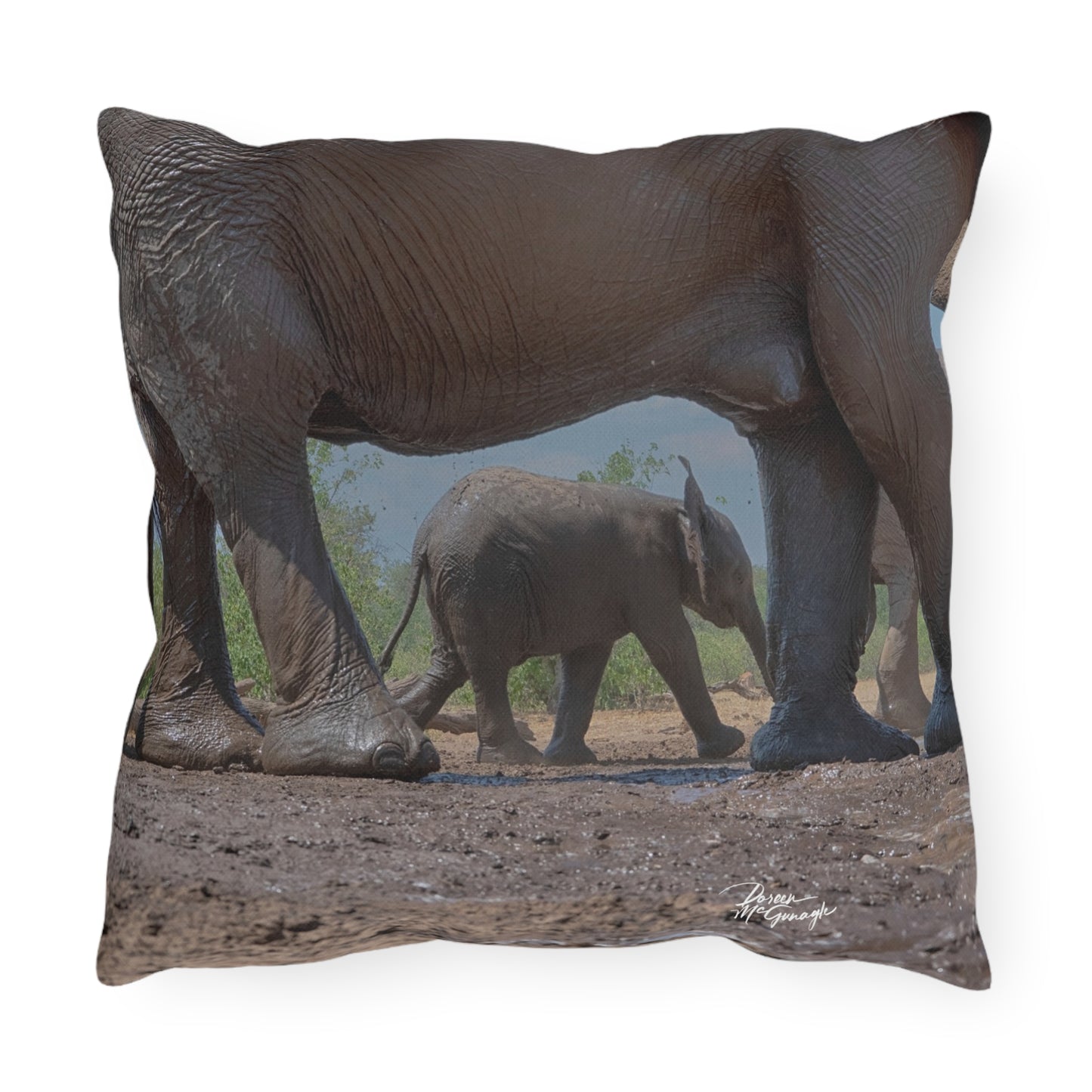 Enjoy Nature Outdoor Pillow with Baby Elephant Walk with Mom – Artistic, Comfy, and Durable Decorative Accent