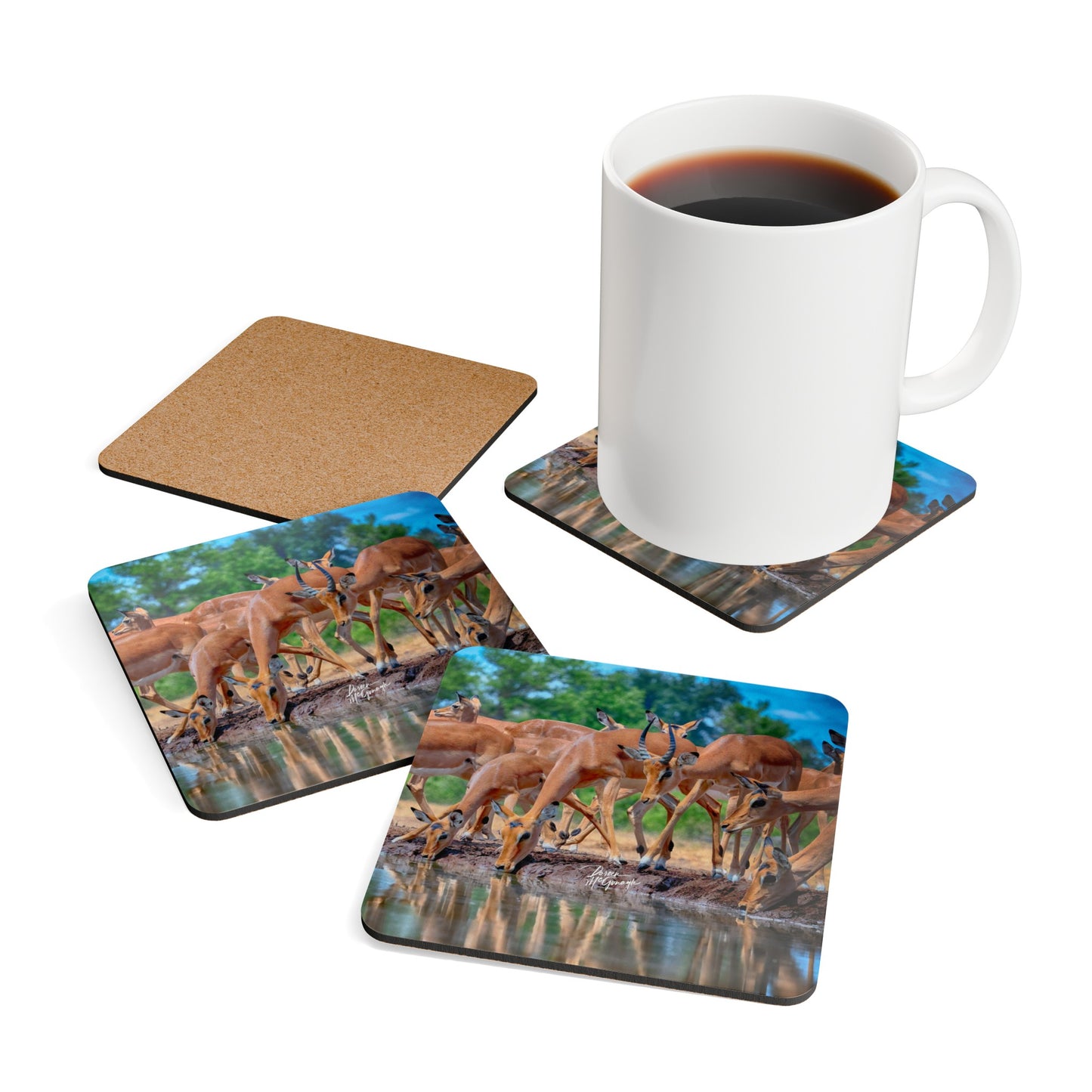 Impalas at Water Hole Corkwood Coaster Set (Box of 4)