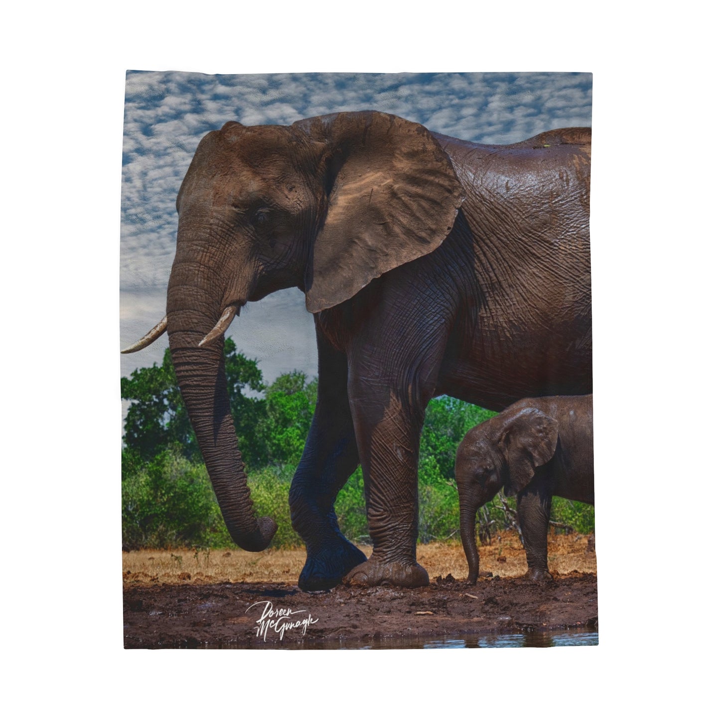 Velveteen Plush Blanket with Elephant Baby and Mom at Watering Hole by Enjoy Nature