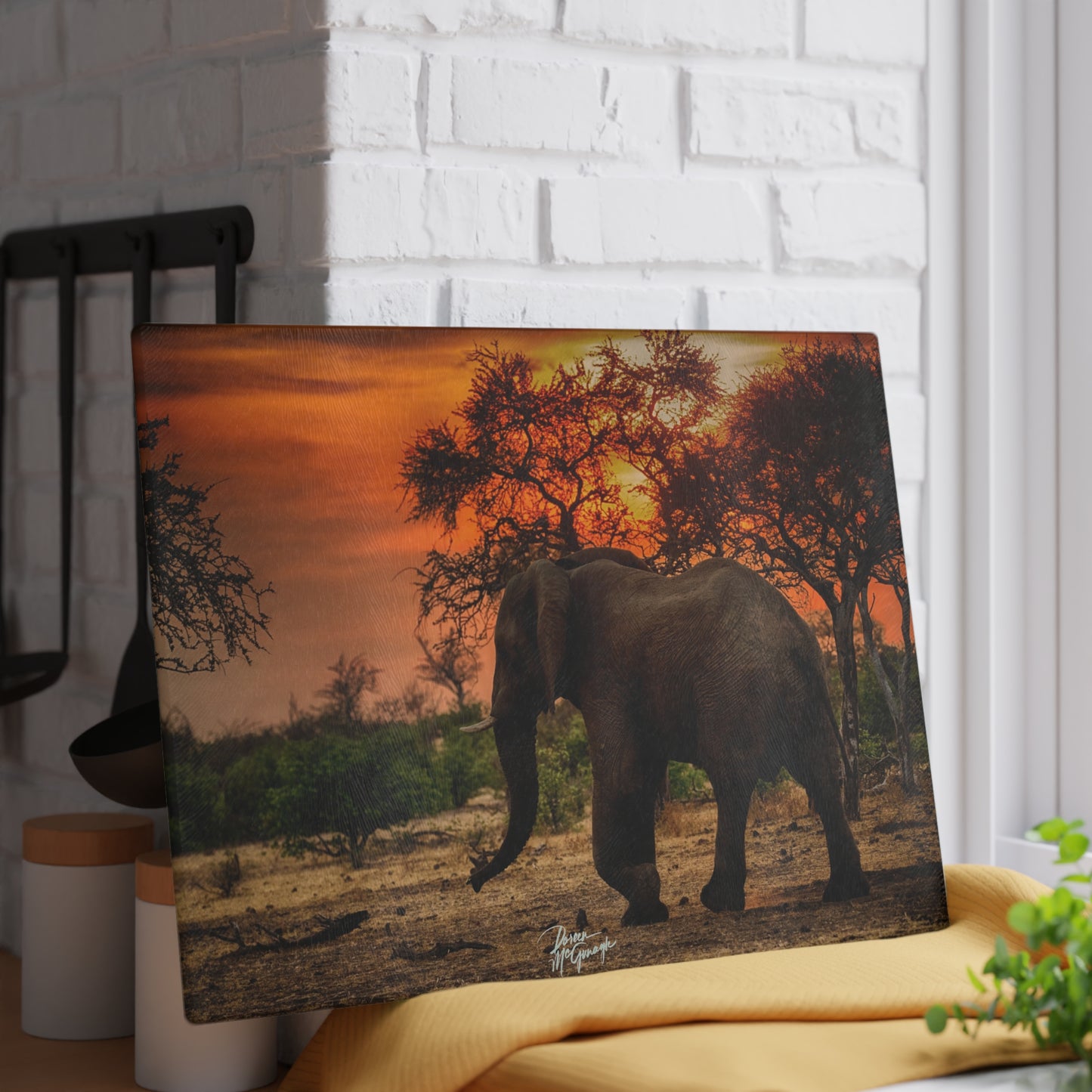 Enjoy Nature Glass Charcuterie Cutting Board with Spirited Elephant at Sunset Design