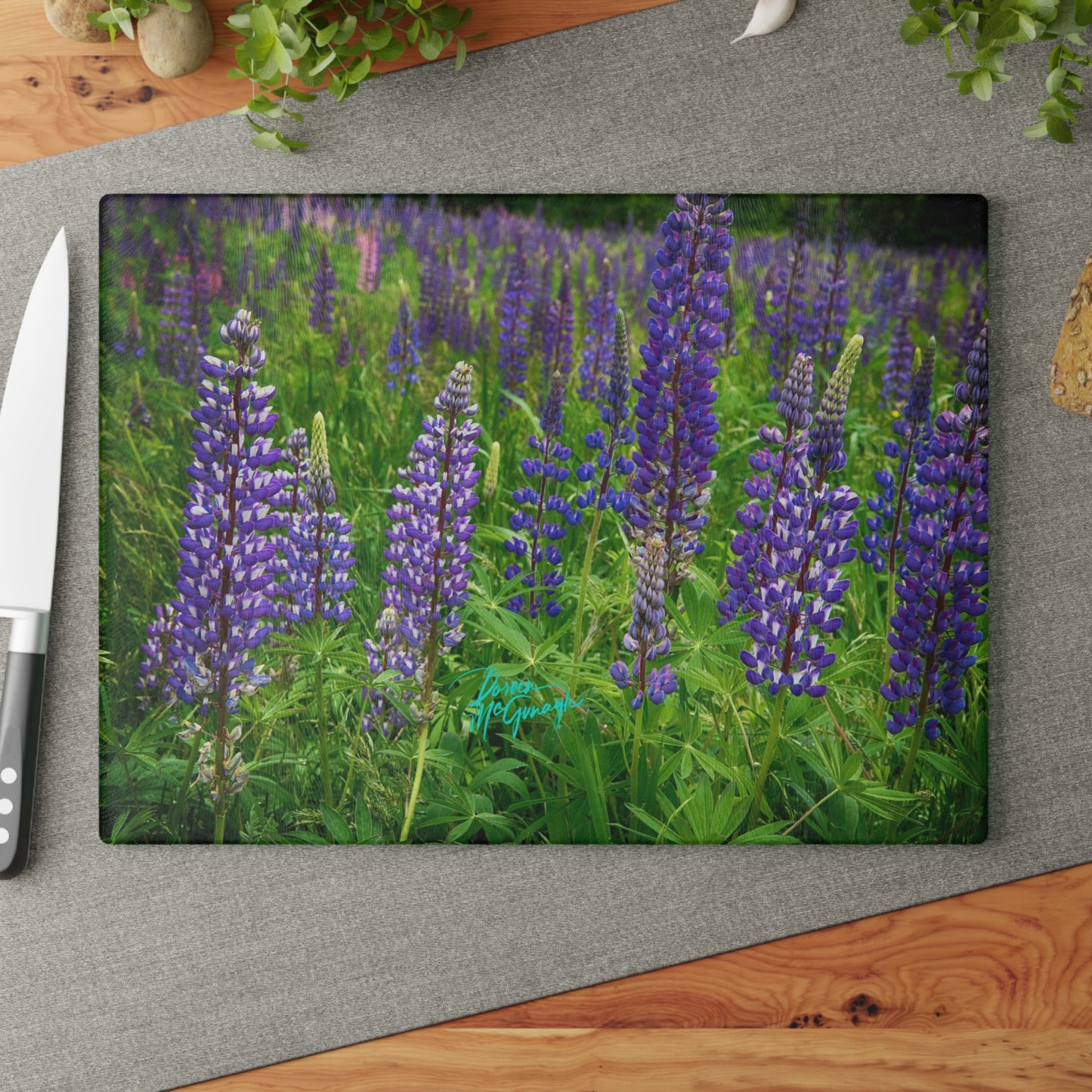 Artistic Wild Lupine Flowers Glass Cutting Board with Nature-Inspired Design