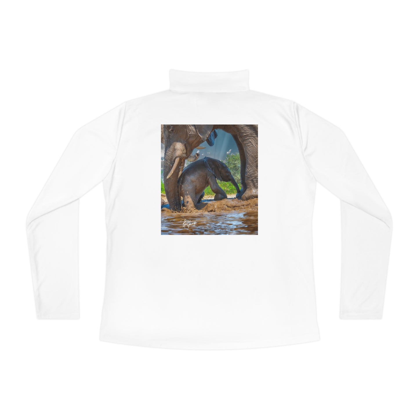 Ladies Quarter-Zip Pullover with Fine Art Image of Elephant Baby with Mom's Gentle Touch by Enjoy Nature