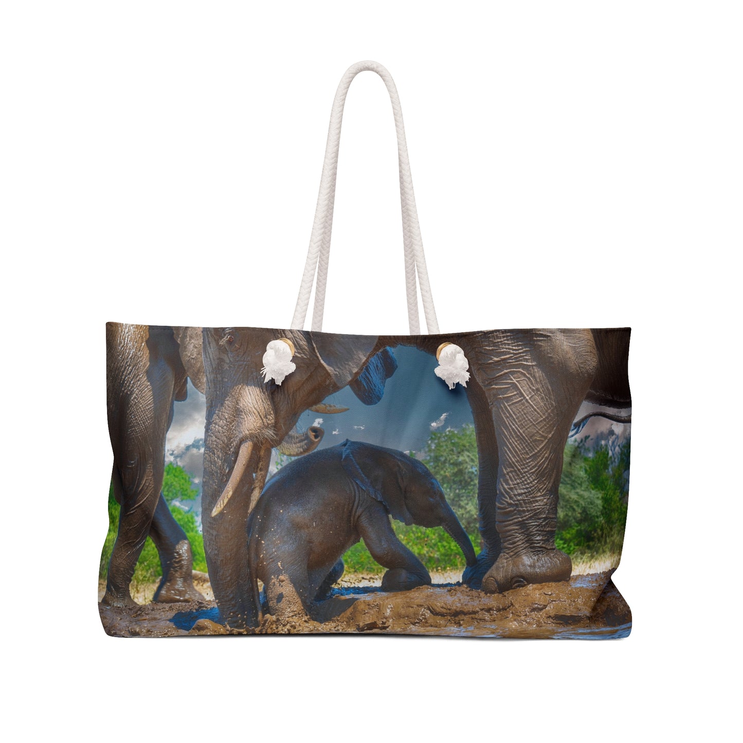 Weekender Tote Bag: Elephant Baby with Mom's Guidance by Enjoy Nature