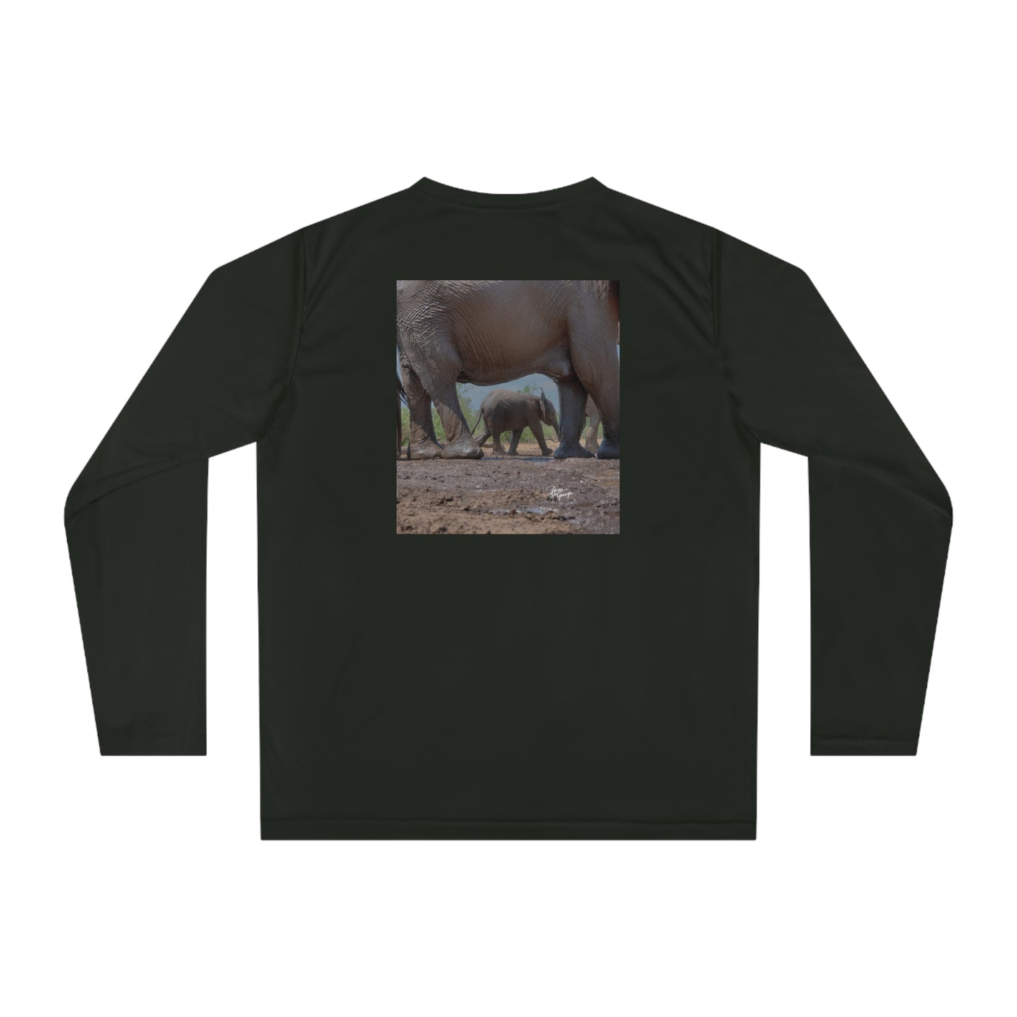 Unisex Long Sleeve Performance Tee - "Elephant Baby Under Mom's Watchful Eye" by Enjoy Nature