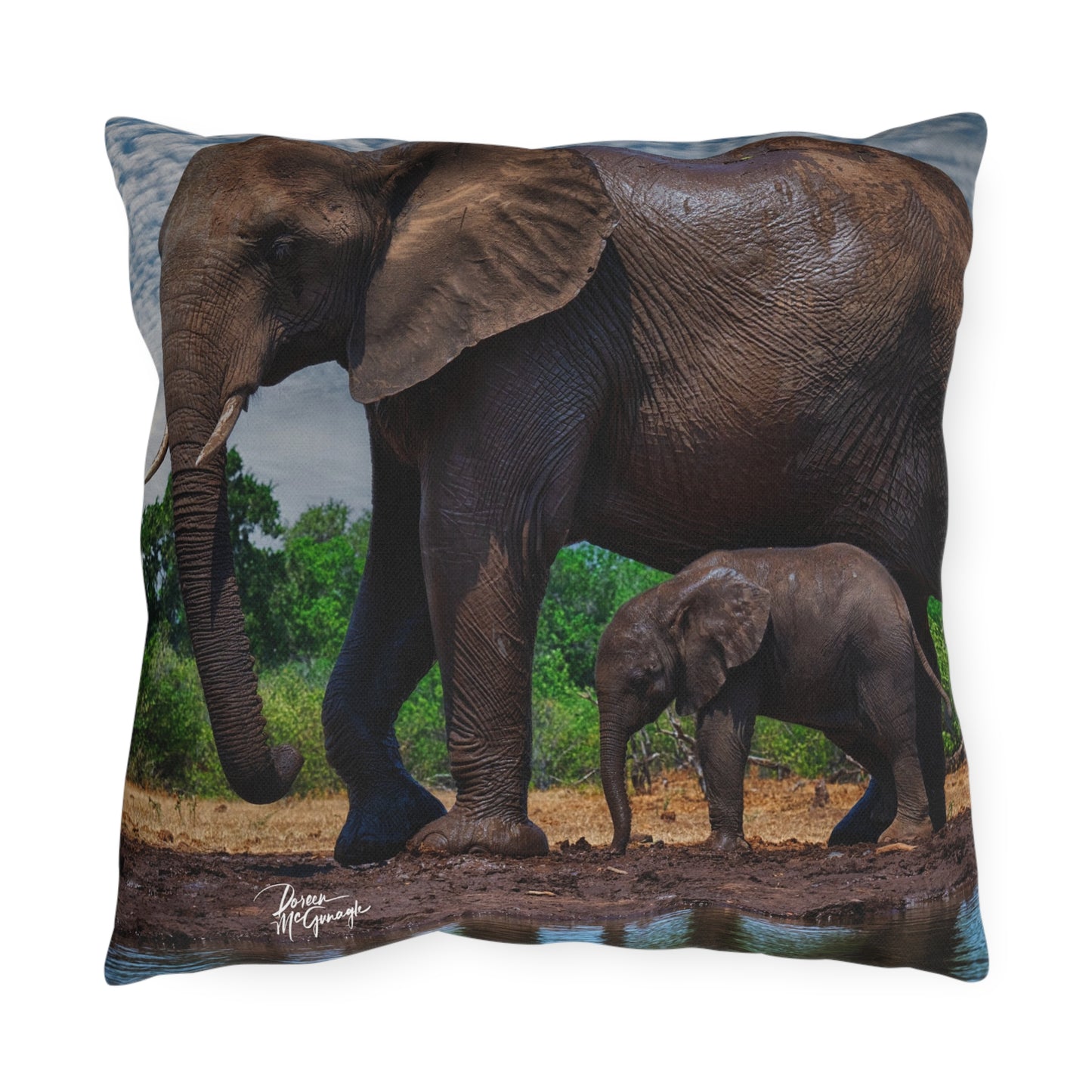 Enjoy Nature Outdoor Pillow with Baby Elephant Walk with Mom – Artistic, Comfy, and Durable Decorative Accent