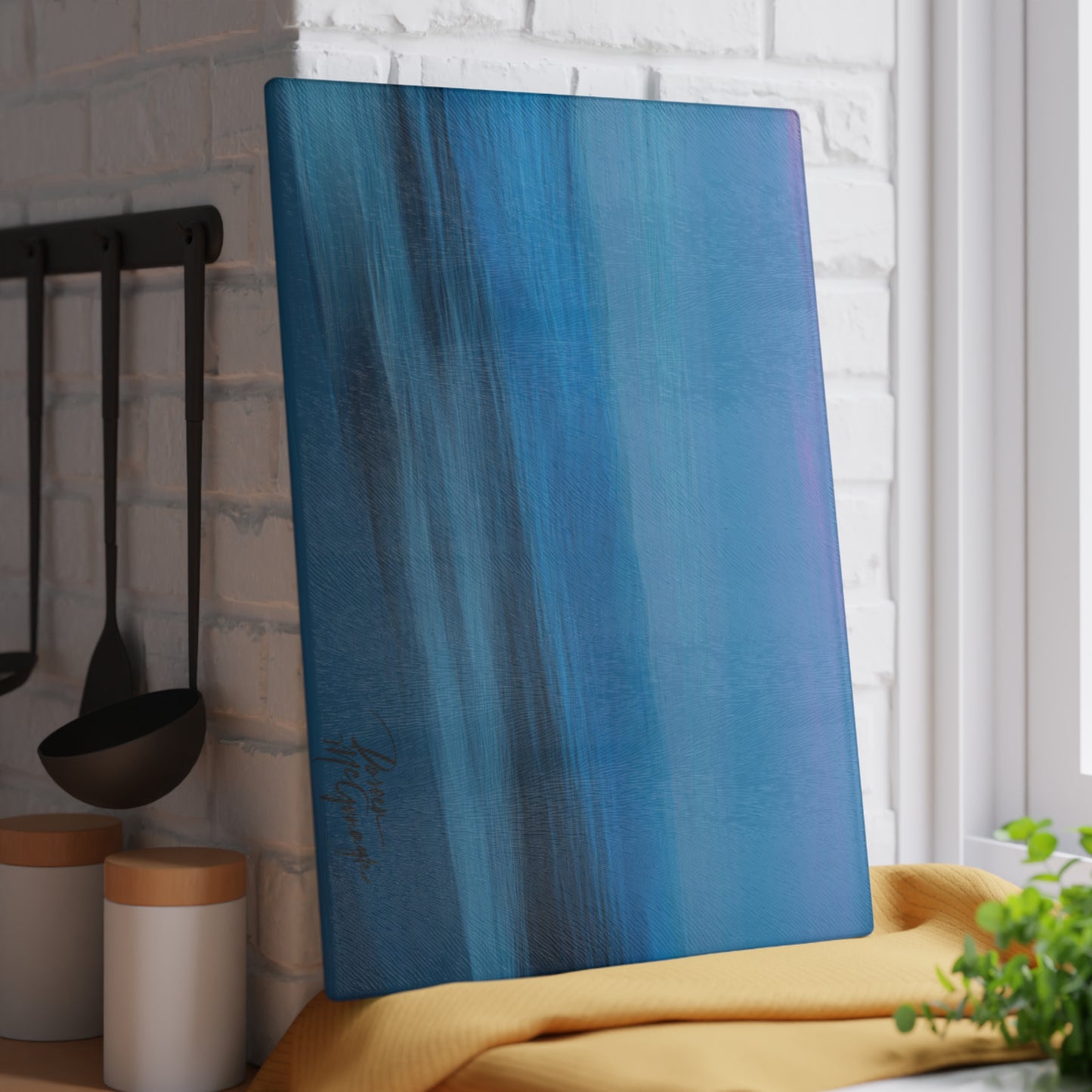 Artistic Blue Dawn Glass Cutting Board with Nature-Inspired Design