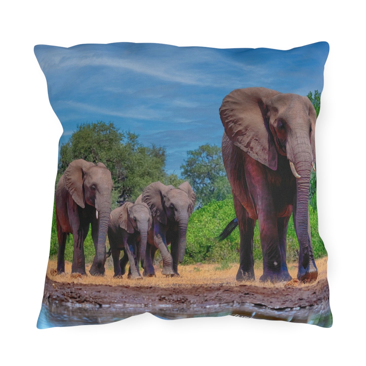 Enjoy Nature Outdoor Pillow with Elephant Family at Watering Hole – Artistic, Comfy, and Durable Decorative Accent