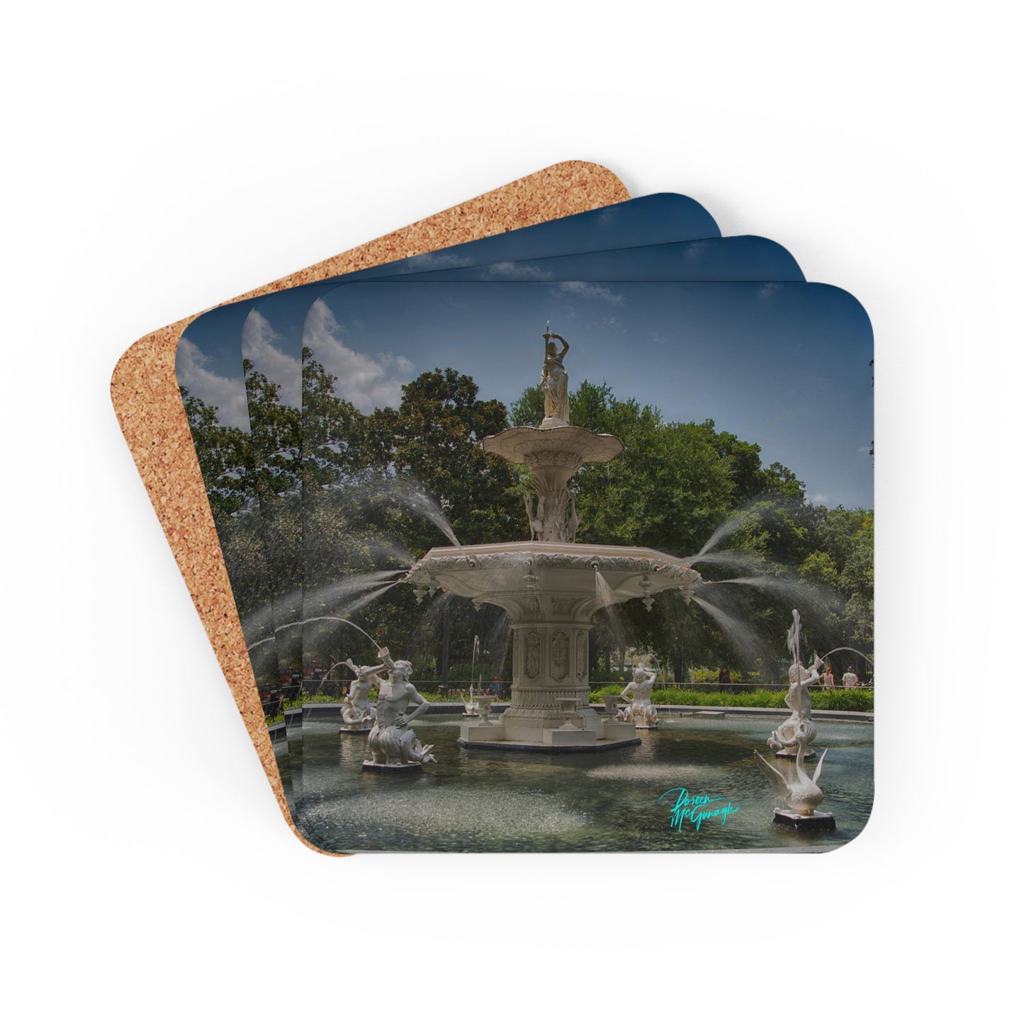 Savannah Fountain of Forsyth Park Corkwood Coaster Set