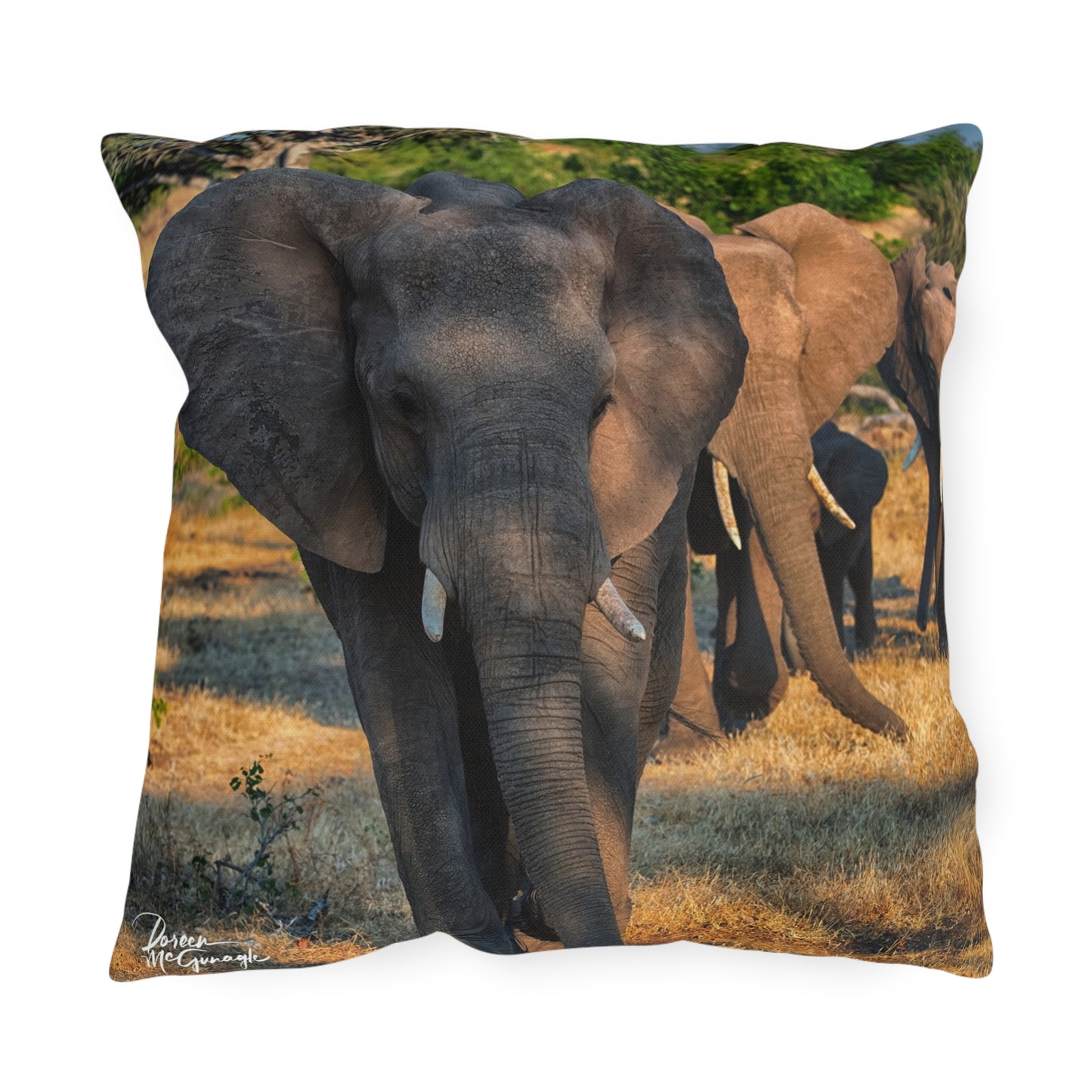 Enjoy Nature Outdoor Pillow with Elephant Family – Artistic, Comfy, and Durable Decorative Accent