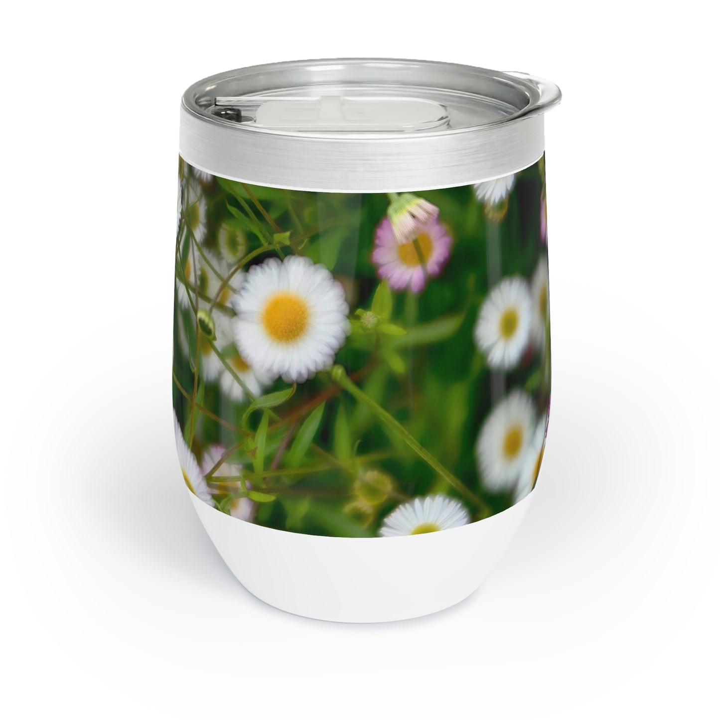 Eco friendly, Wild Daisies,12 oz insulated wine tumbler with lid