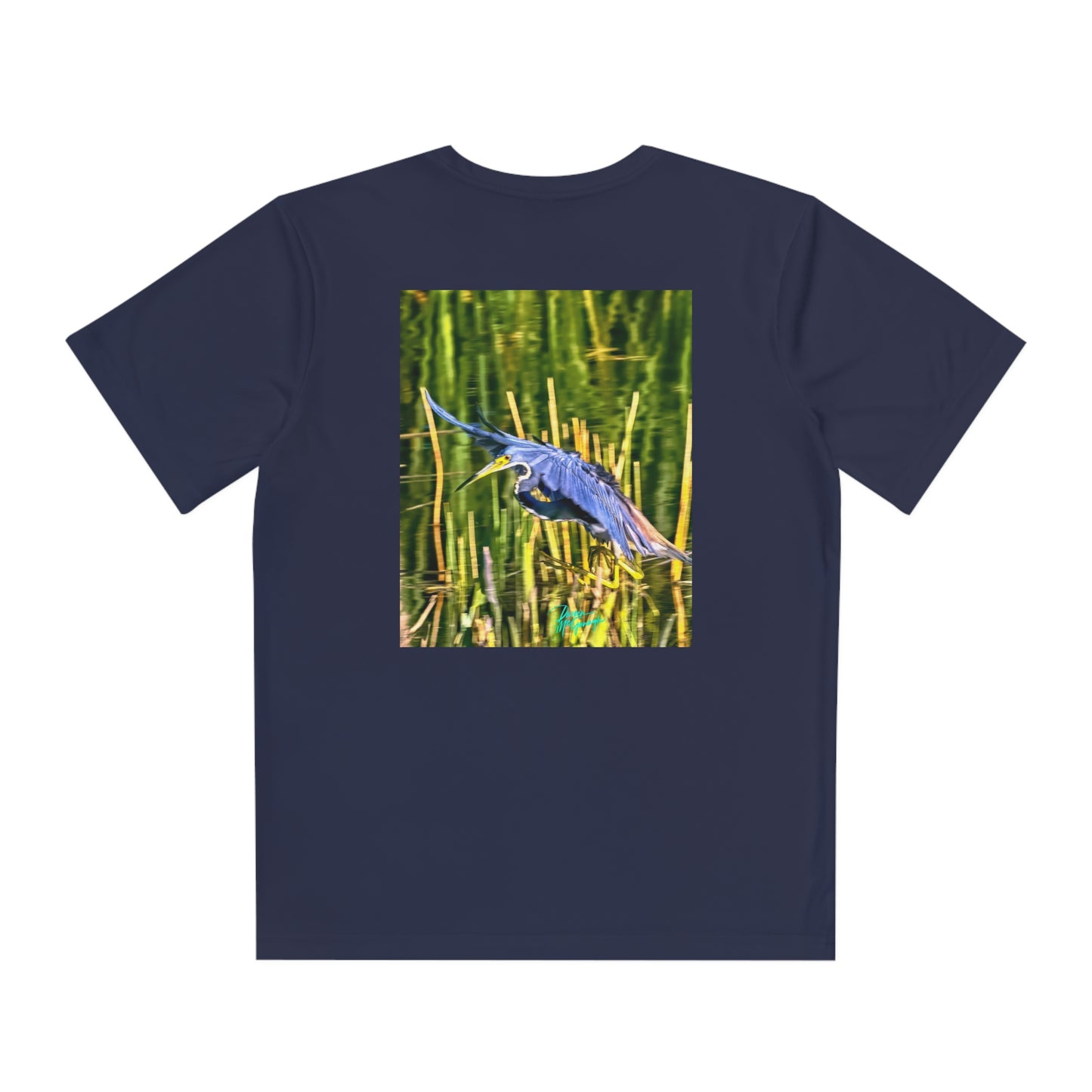 Youth T Shirts, Great Blue Heron in Flight, performance shirt