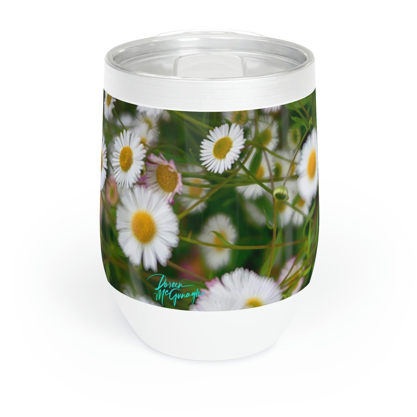 Eco friendly, Wild Daisies,12 oz insulated wine tumbler with lid