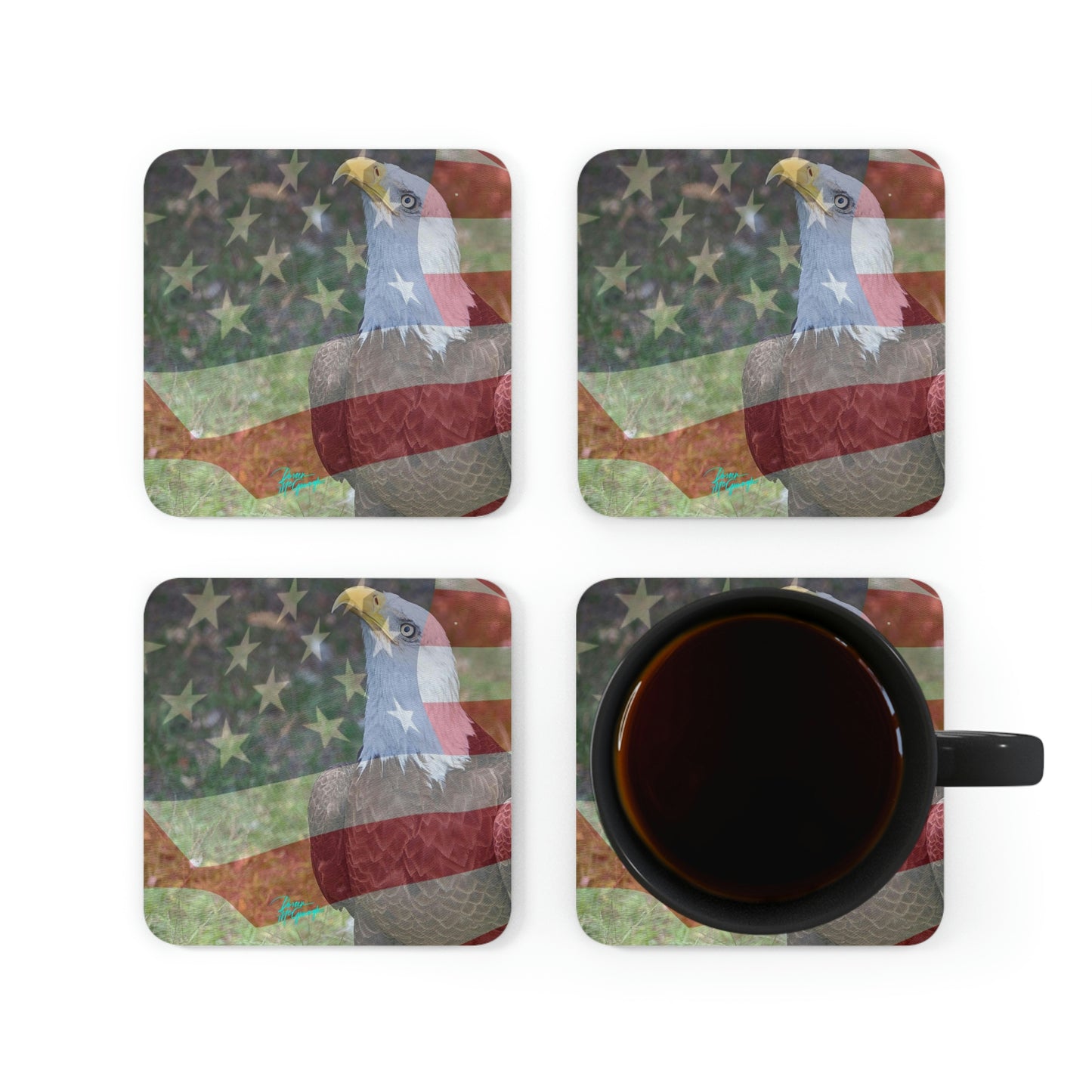 Patriotic Bald Eagle with American Flag Cork Coaster Set