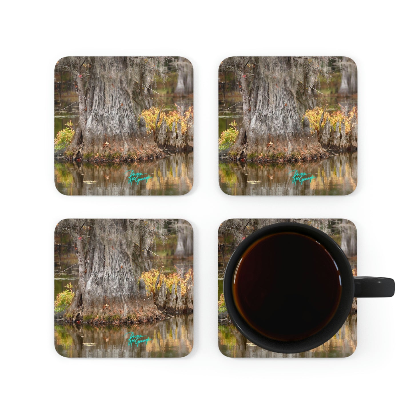 Bald Cypress Tree with flowers on Caddo Lake Cork Coaster Set