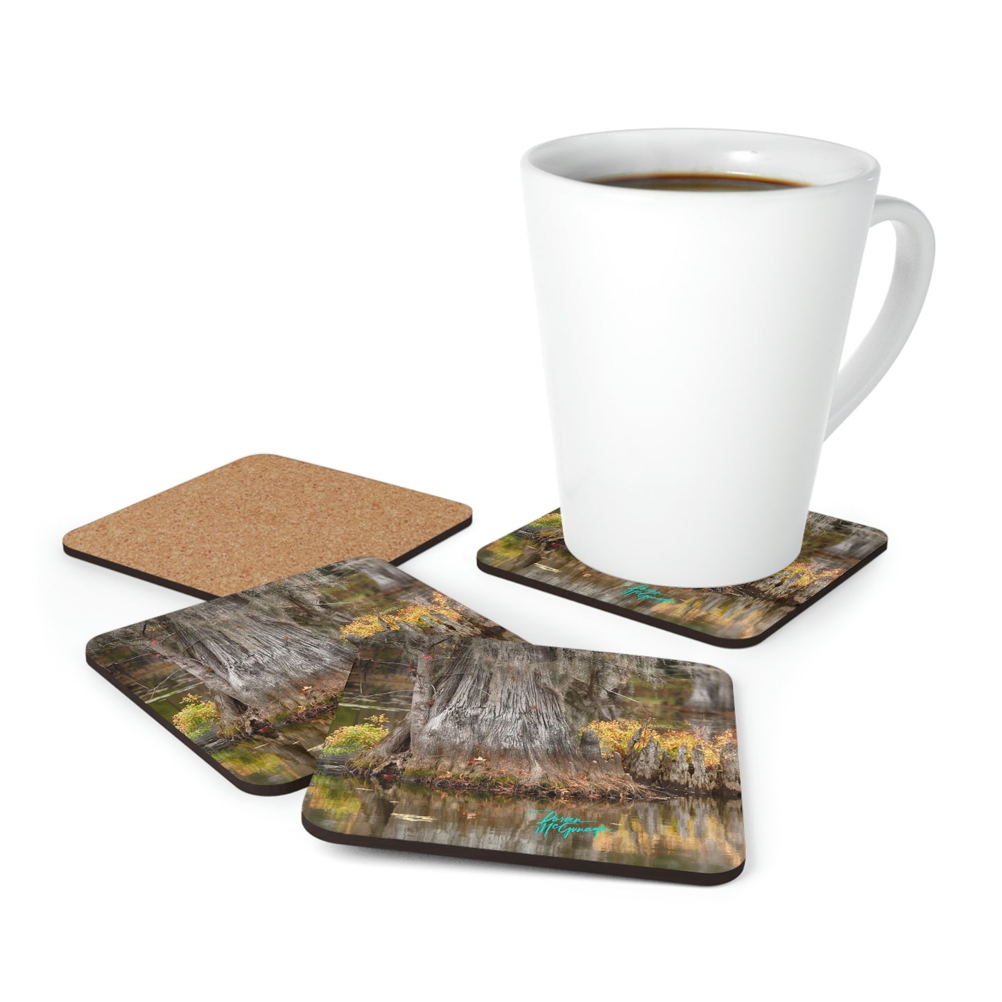 Bald Cypress Tree with flowers on Caddo Lake Cork Coaster Set