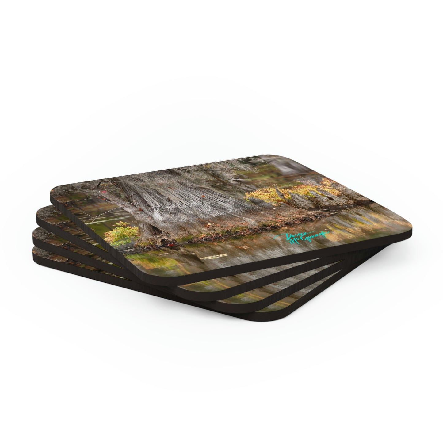 Bald Cypress Tree with flowers on Caddo Lake Cork Coaster Set