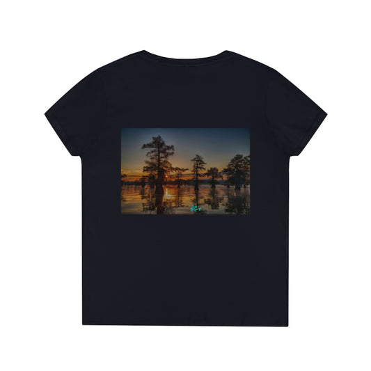 Womens V neck tee Sunset on Caddo Lake 72, summer tees