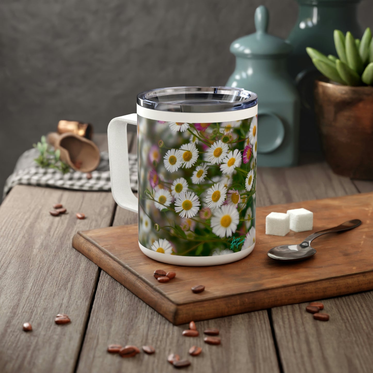 Eco friendly, Wild Daisies,10 oz Insulated travel Mug