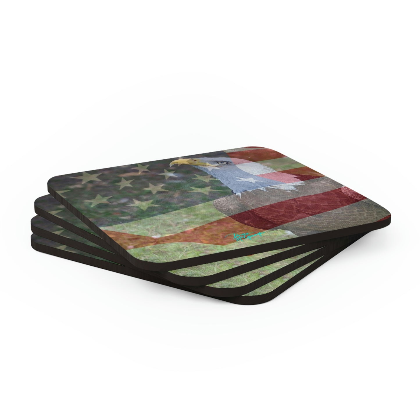 Patriotic Bald Eagle with American Flag Cork Coaster Set