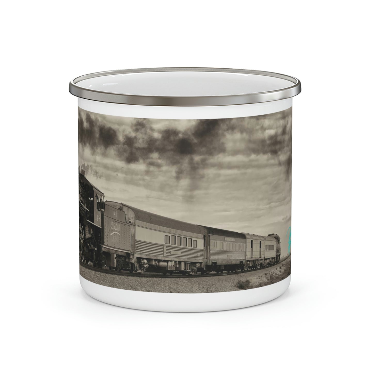 Enamel Camping Mug, Vintage Steam Engine 148 Train