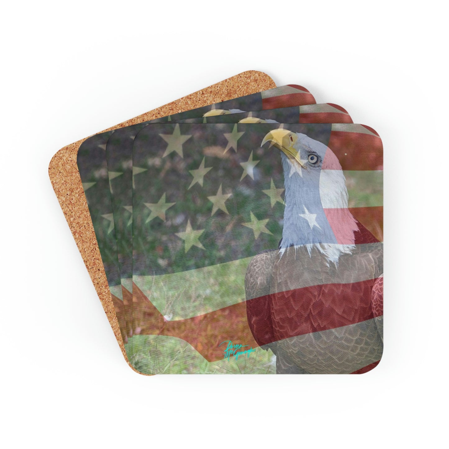 Patriotic Bald Eagle with American Flag Cork Coaster Set