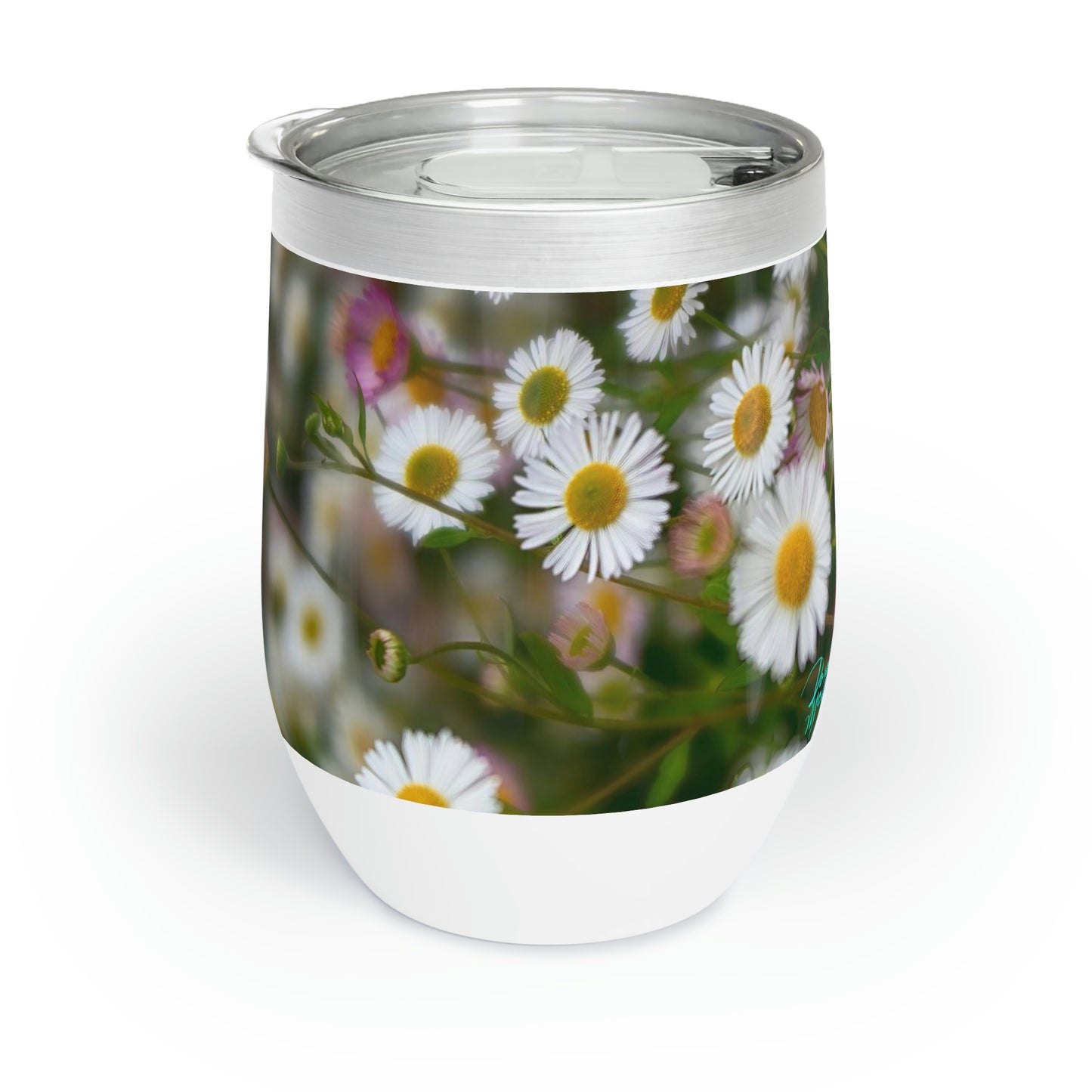 Eco friendly, Wild Daisies,12 oz insulated wine tumbler with lid